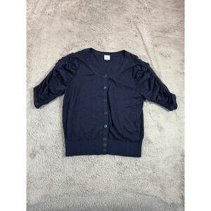 Cabi Womens Cardigan Top L Navy Blue 3/4 Sleeve Ruched Knit Button‎ Front Girl